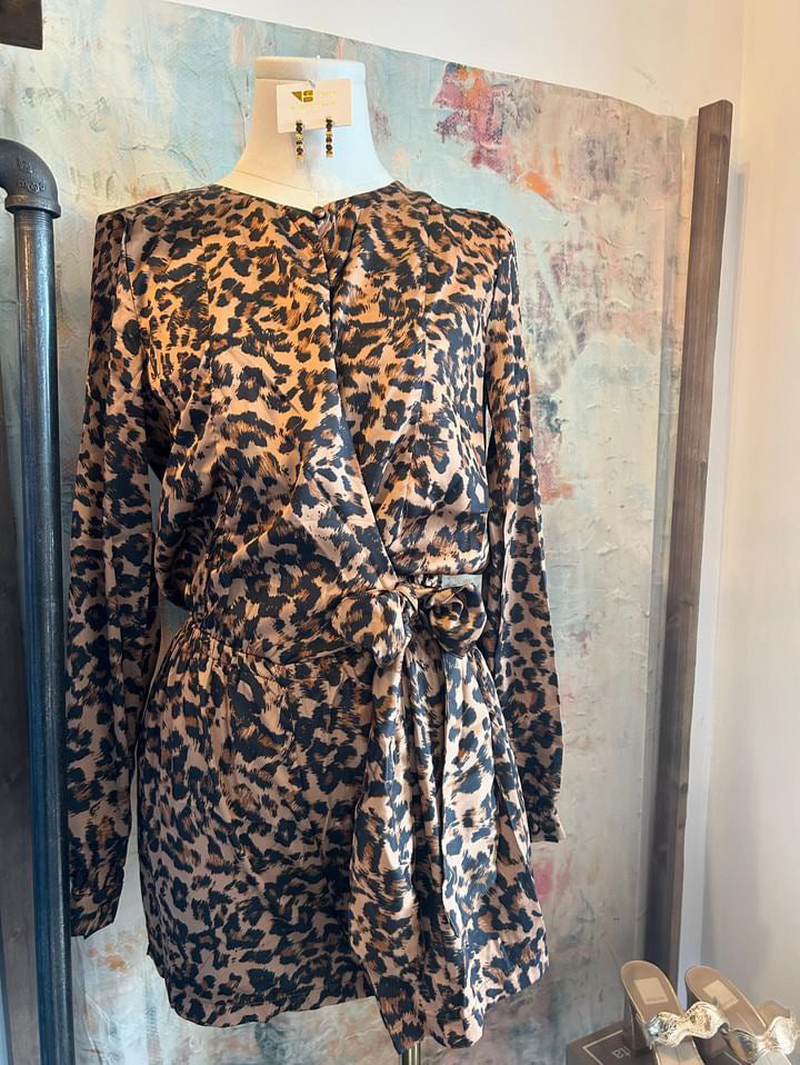 Leopard Long Sleeve Romper Tie Front