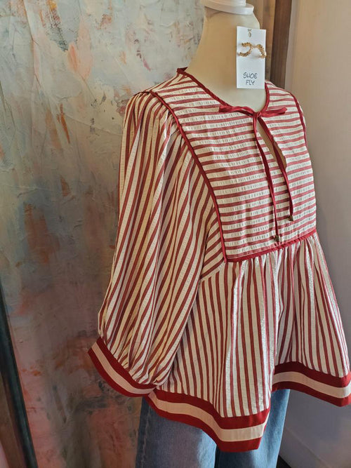 Stripe Peplum Tie Front Top