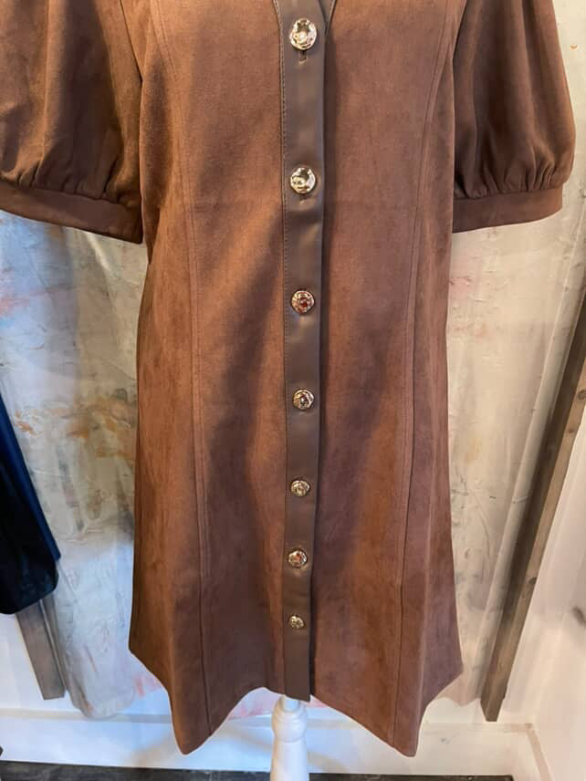 Brown Puff Sleeve Button Up Suede Dress
