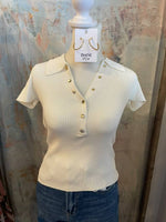Gold Snap Button Short Sleeve Sweater Top