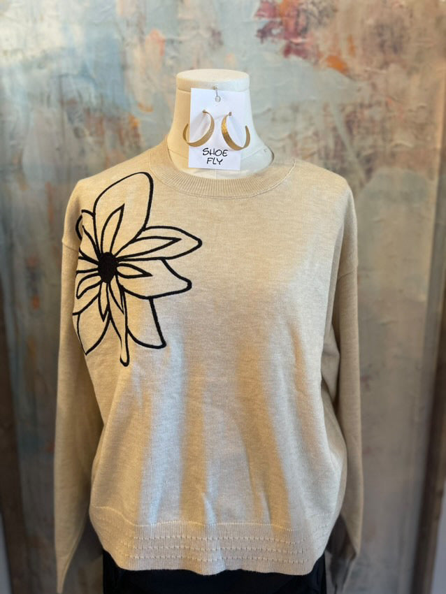 Long Sleeve Sweater with Embroidery Flower Detail