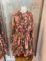 Green Pink Tiered Long Sleeve Dress