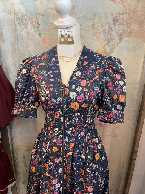 Zip Front Navy Floral Dress with Pockets