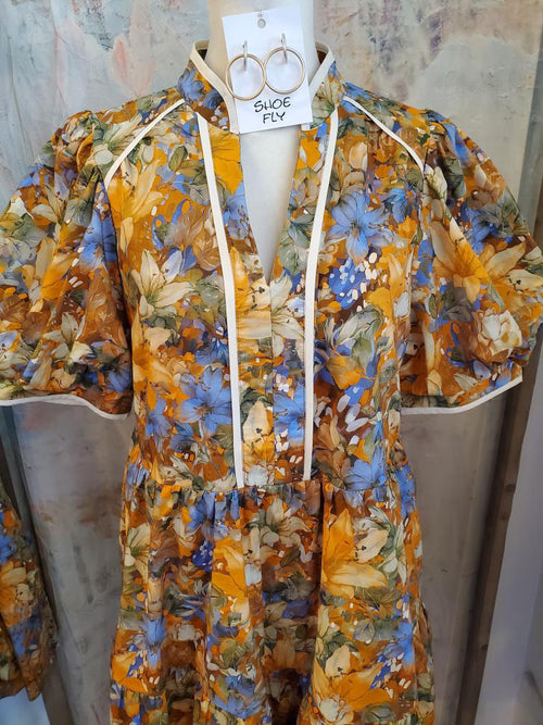 Piping Detail Taupe Floral Dress with Pockets
