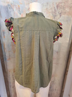 Button Up Embroidery Top with Flutter Sleeve