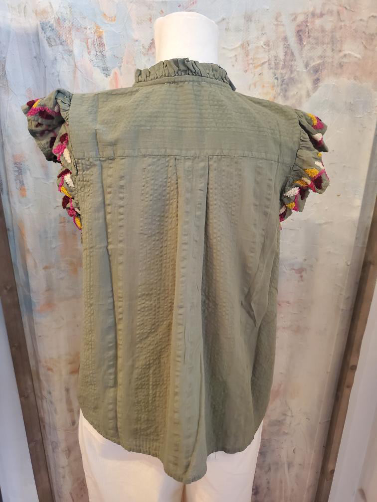 Button Up Embroidery Top with Flutter Sleeve