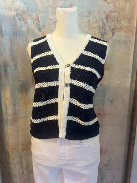 Stripe V Neck Button Front Vest