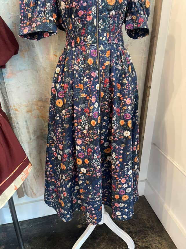 Zip Front Navy Floral Dress with Pockets