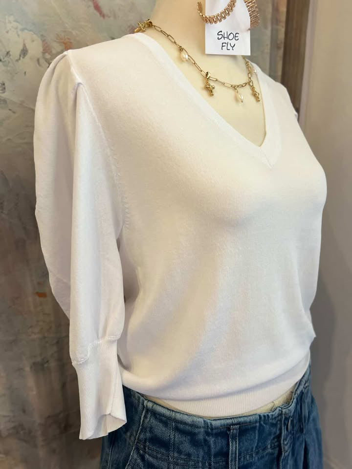 V Neck Puff Sleeve 3/4 Top