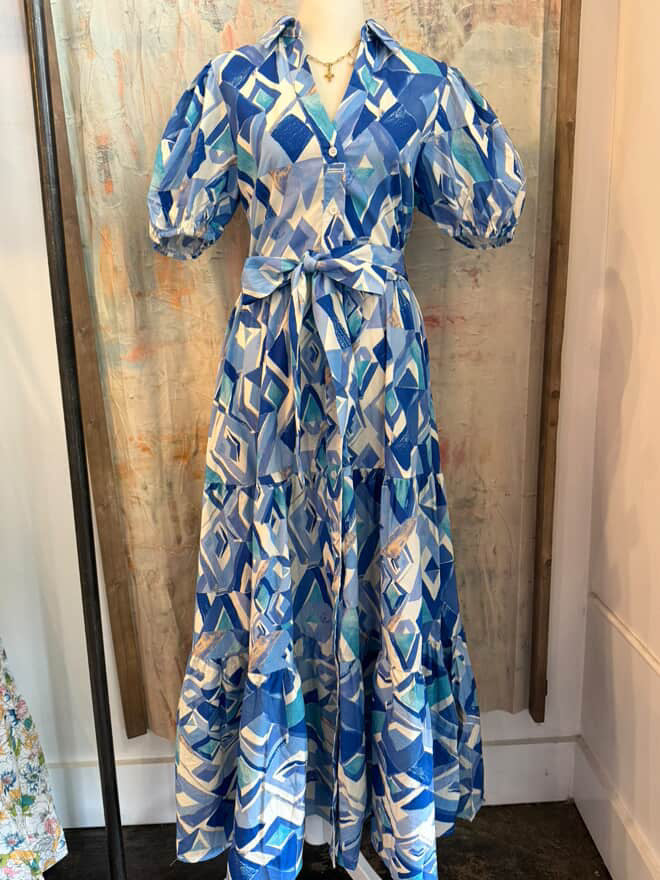 Multi Blue Print Dress with Tie