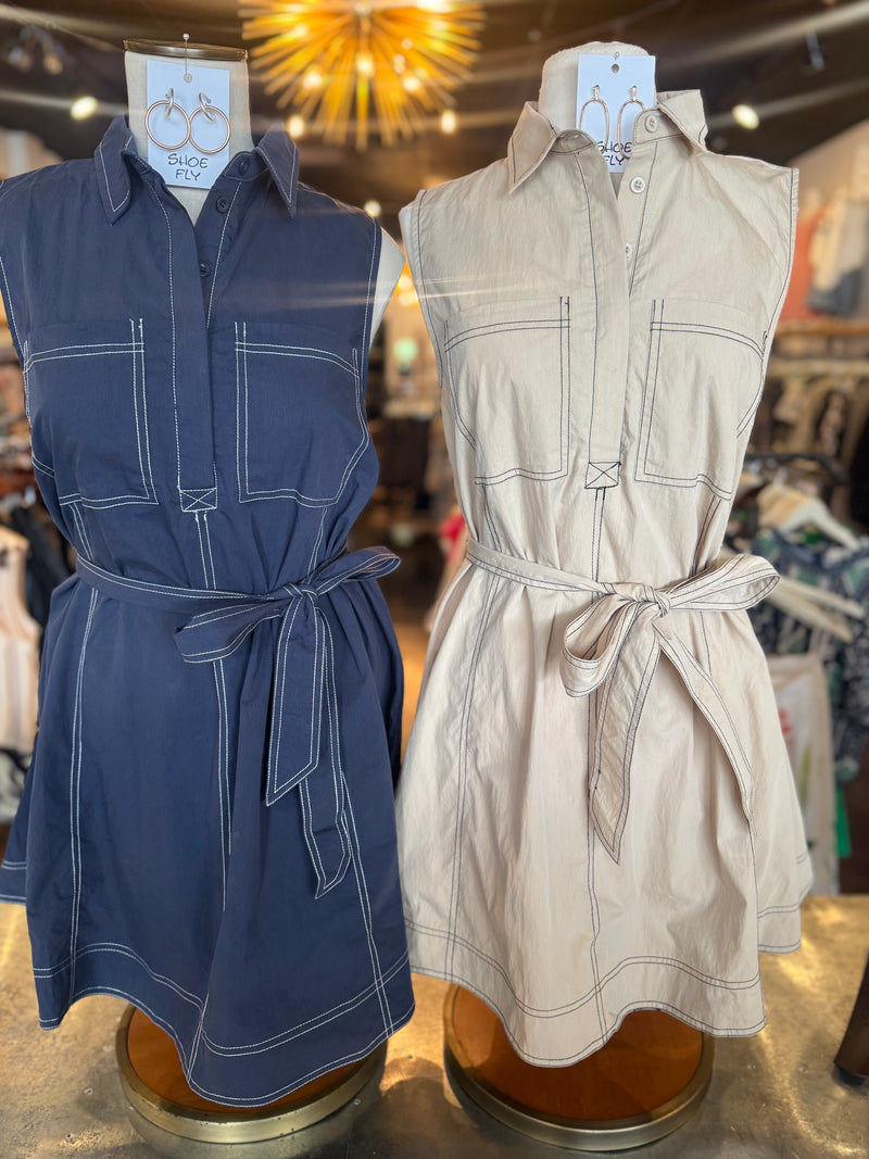 Taupe Top Stitch Shirt Dress