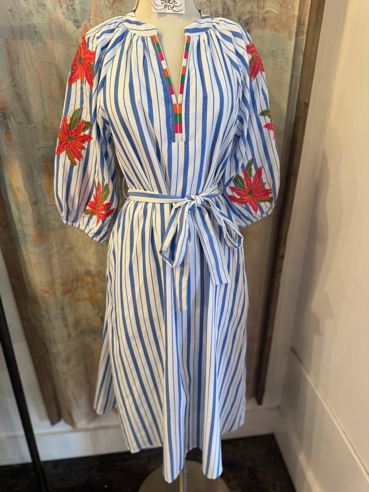 Stripe Blue Embroidery Sleeve Detail Dress with Pockets