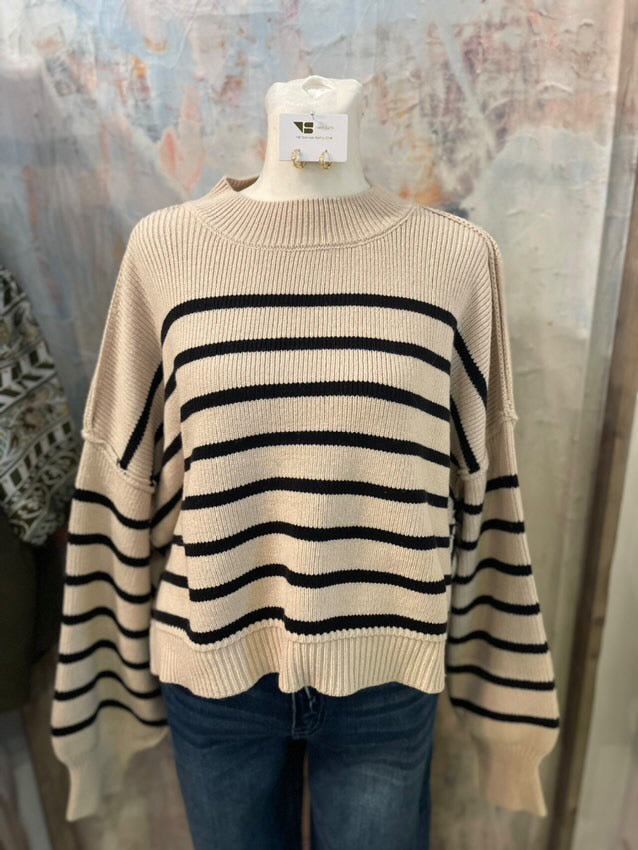 Stripe Pattern Mock Neck Sweater Top