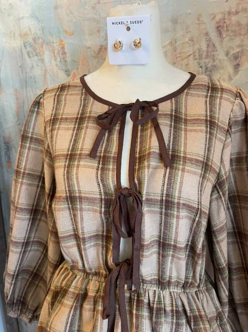Plaid 3/4 Sleeve Top with Tie Detail