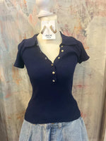 Gold Snap Button Short Sleeve Sweater Top