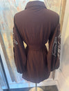 Long Sleeve Embroidery Detail Short Dress with Tie and Pockets