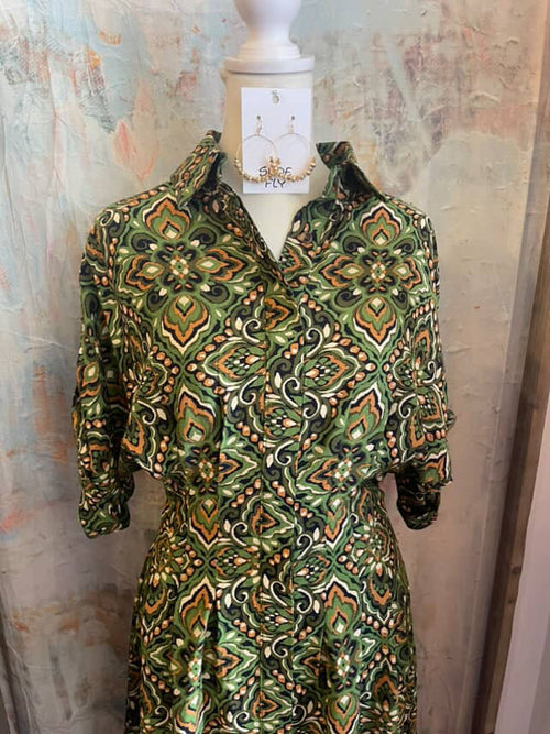 Olive Print Pleat Detail  Midi Dress