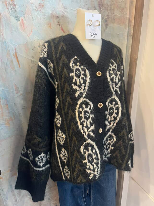 Black Print Cardigan with Pockets