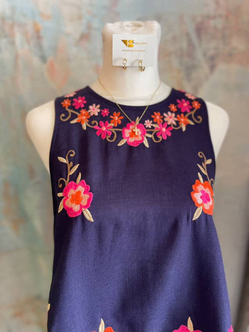 Sleeveless Embroidered Navy Floral Top