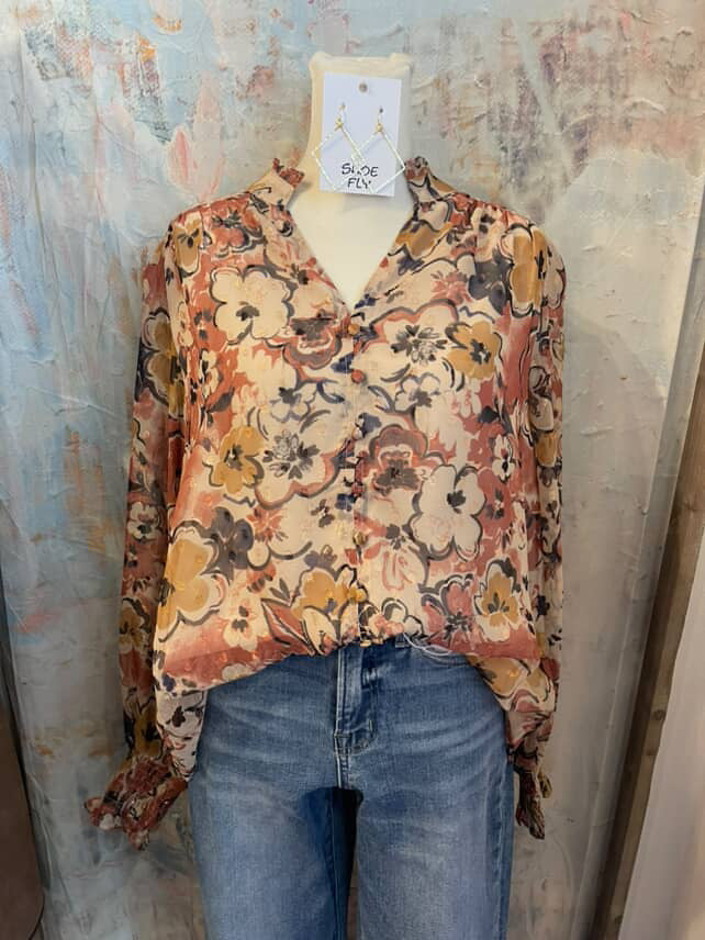 Floral Print with Chiffon Ruffled High Neckline