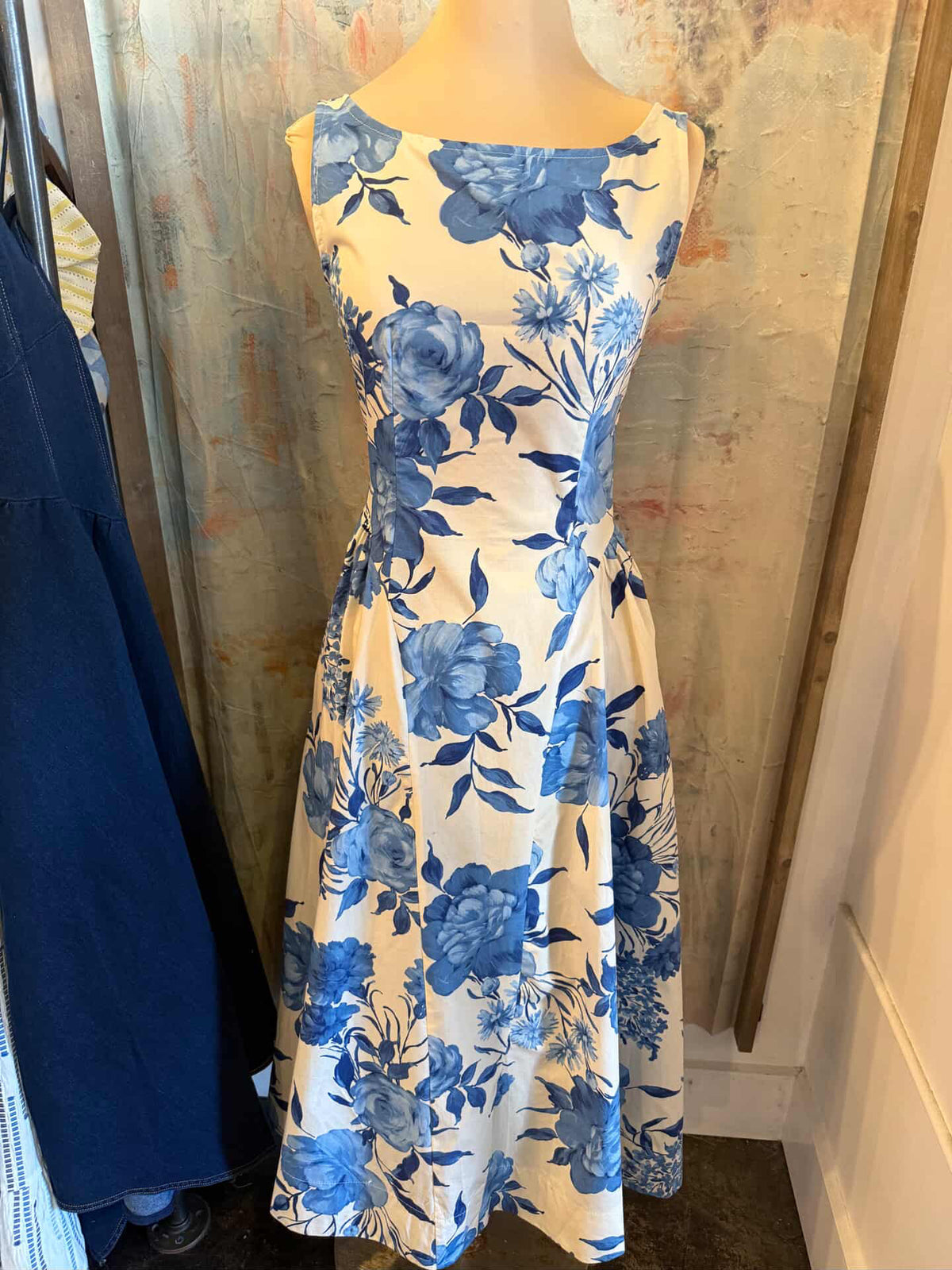 Cream Blue Floral Dress with Zip Back Detail