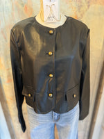 Faux Leather Jacket with Bronze Button Detail