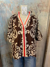 Puff Sleeve Print Detail Top with Border Detail