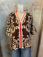 Puff Sleeve Print Detail Top with Border Detail