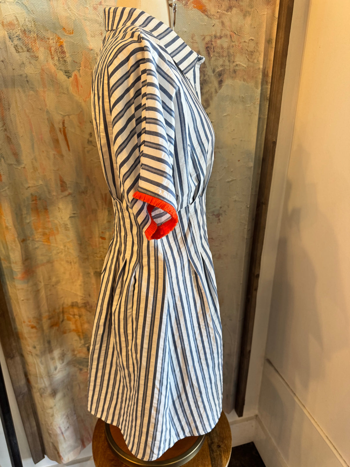 Stripe Shirt Dress with Orange Tassel Detail