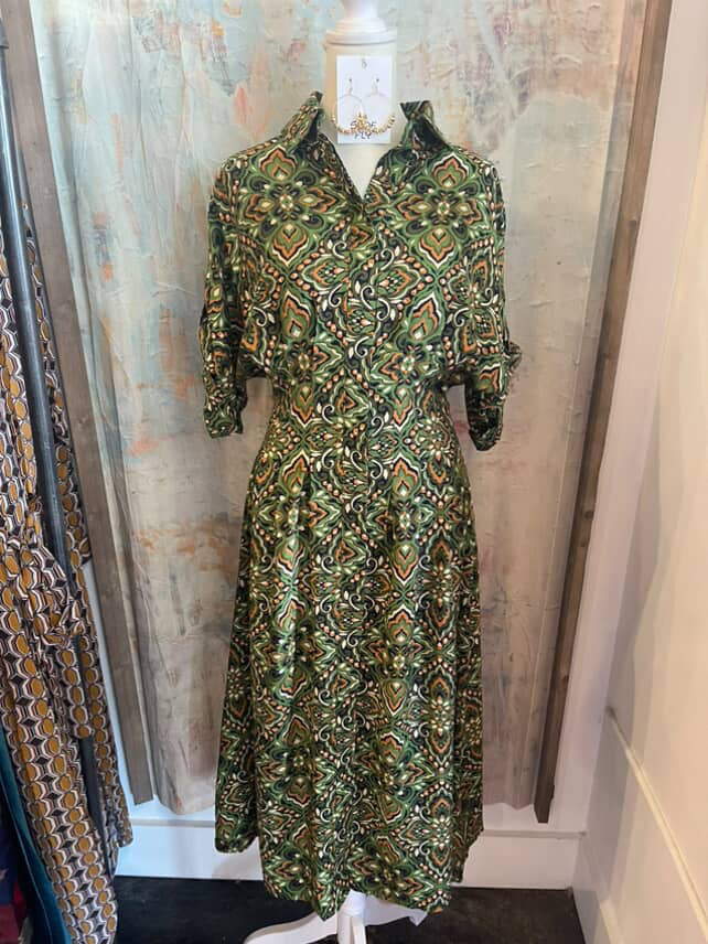 Olive Print Pleat Detail  Midi Dress