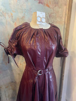 Pleated Faux Leather Midi Dress with Belt