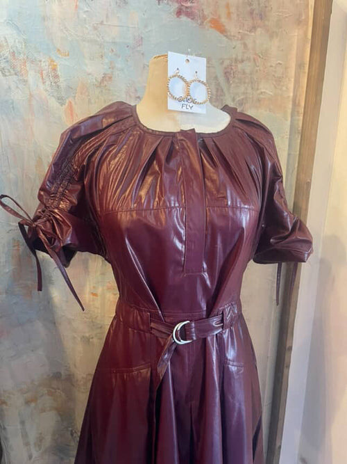 Pleated Faux Leather Midi Dress with Belt