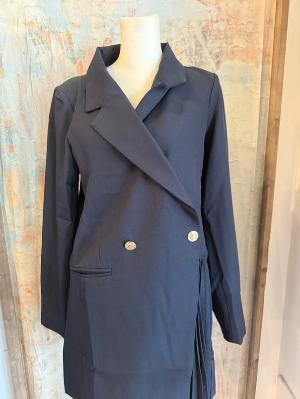 Dark Navy Side Pleat Blazer Dress
