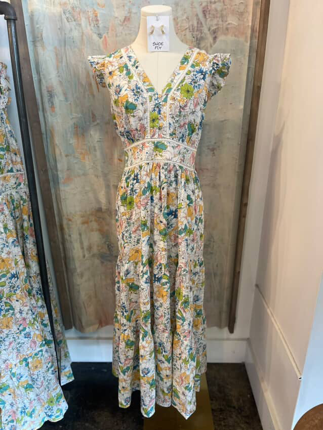 V Neck Flutter Sleeve Maxi Dress