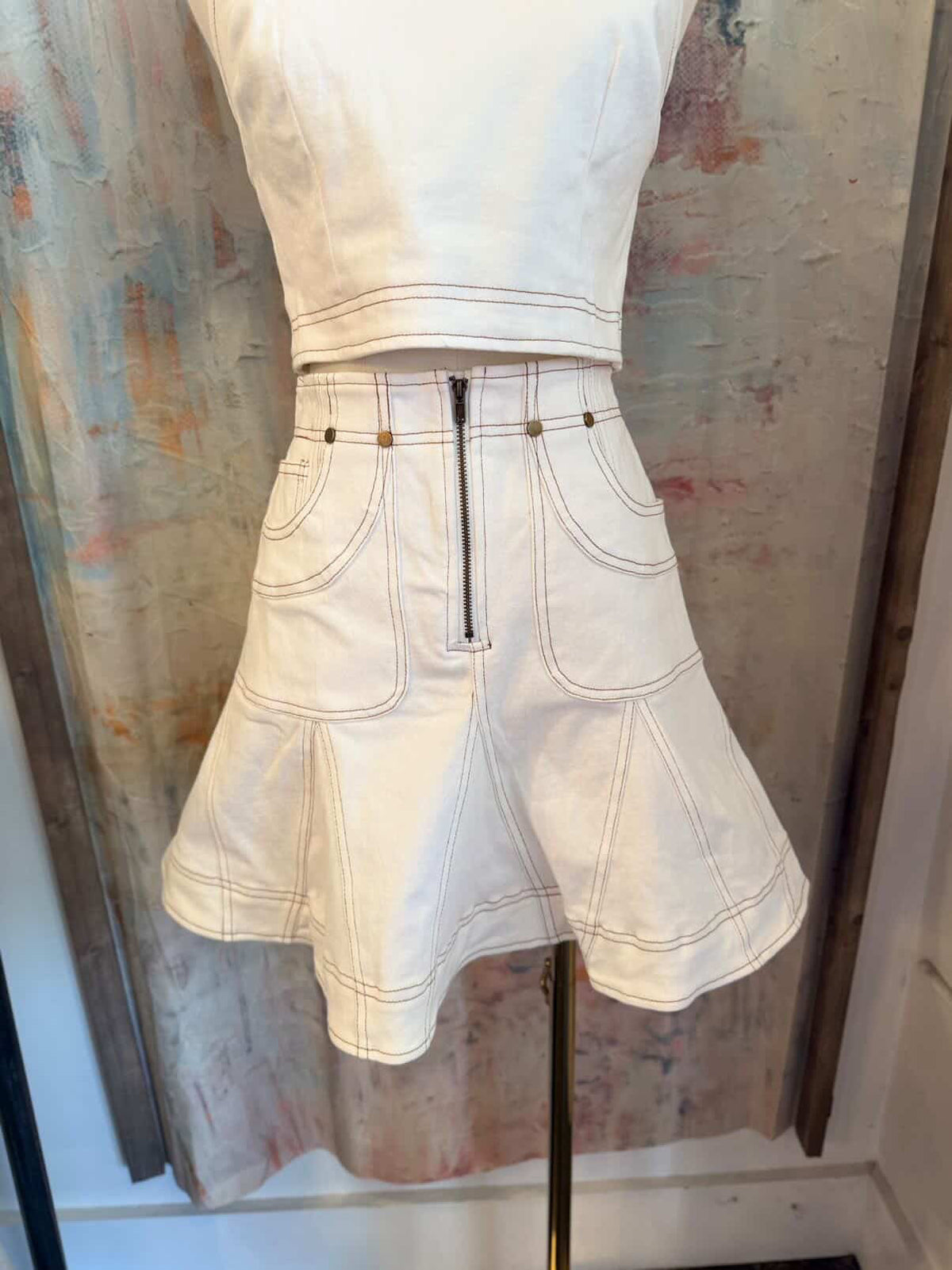 White Denim Pleat Skirt with Zipper Detail
