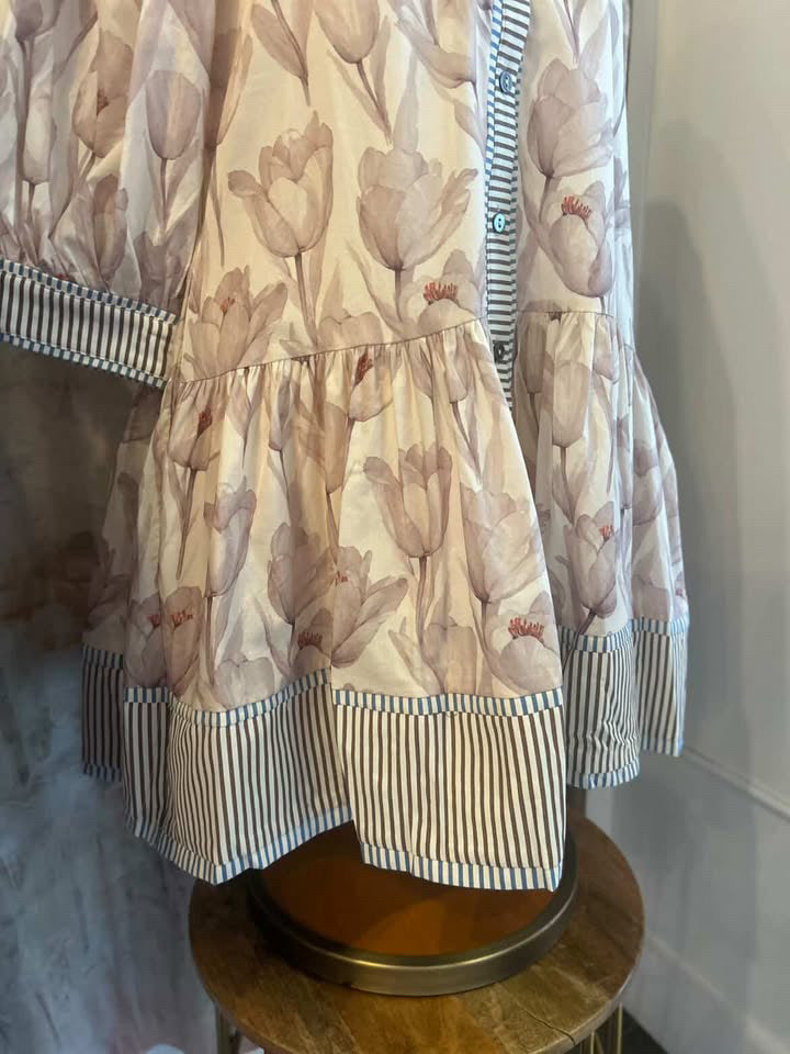 Border Print 3/4 Floral Dress with Pockets