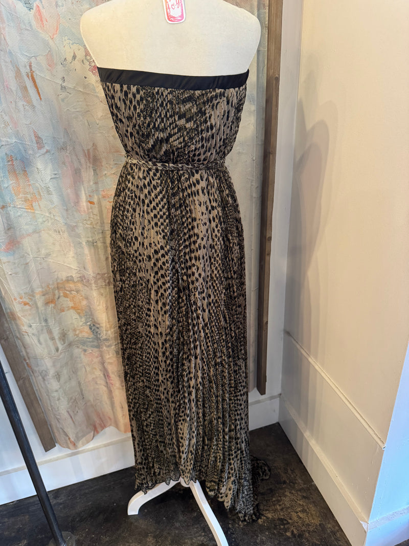Strapless Print Tie Waist High Low Maxi Dress