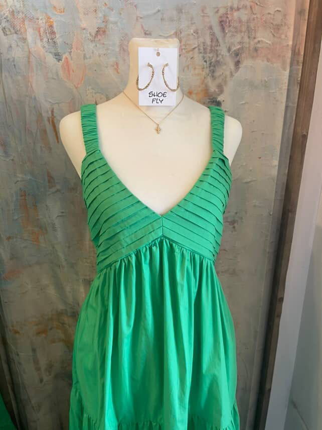 Tiered Green Maxi Dress with Pockets