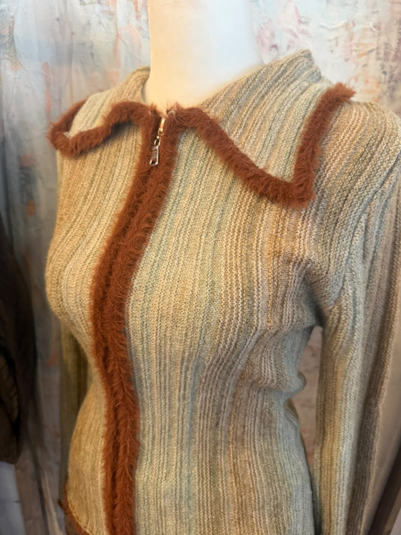 Fur Detail Sage Zip Front Sweater Top