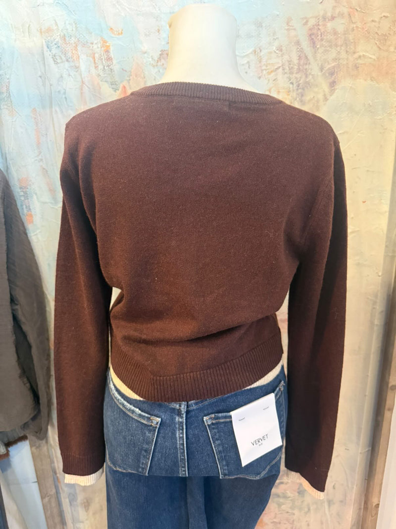 Brown Oatmeal Border Detail Sweater Top
