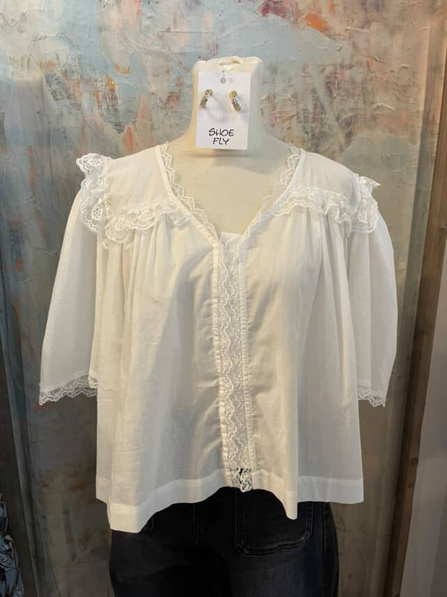Short Sleeve Lace Trim Detail Ivory Top