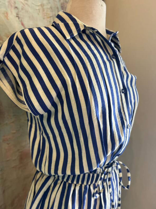 Striped Short Sleeve Shirt Collared Romper