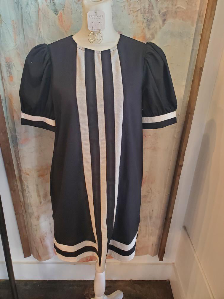 Stripe Front Puff Sleeve Pocket Dress