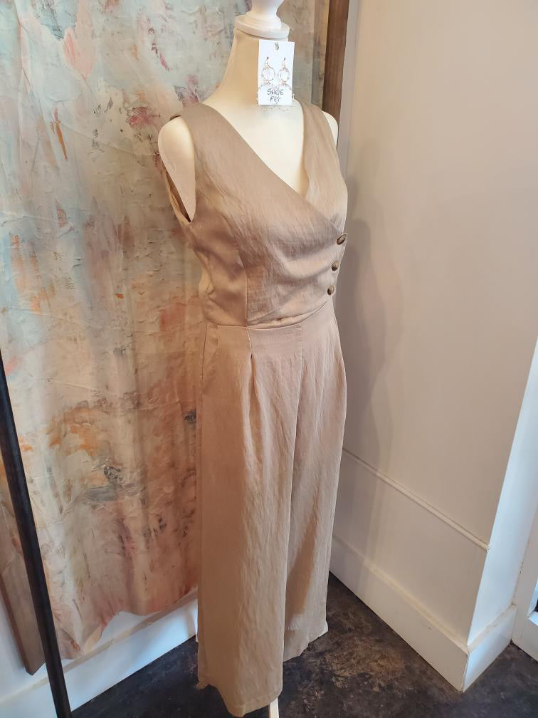 Linen Asymmetrical Button Front Wide Leg Jumpsuit