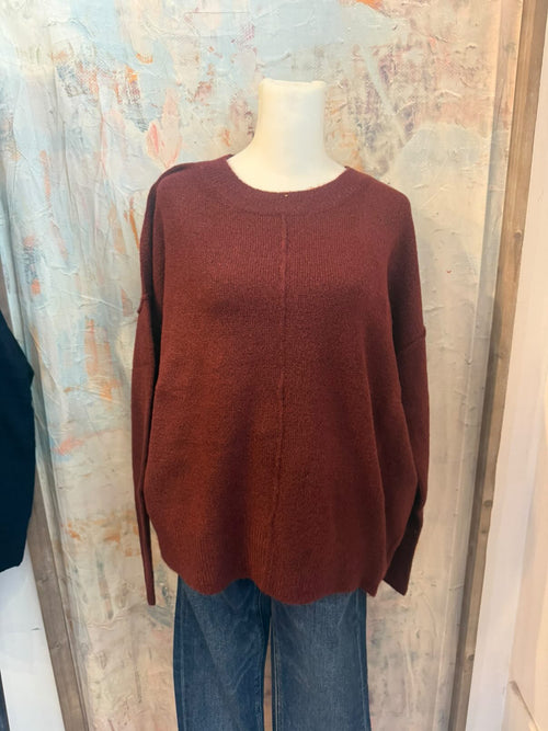 Solid Crew Neck Front Seam Knit Sweater