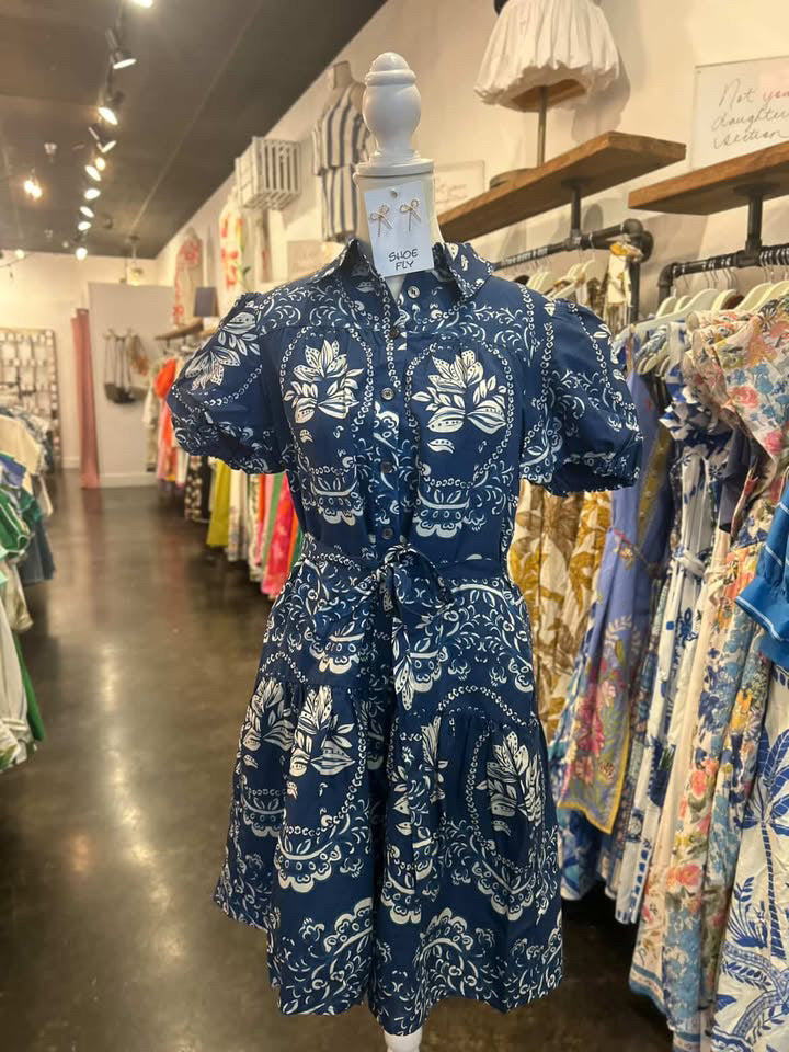 Shirt Collar Button Down Print Tie Waist Dress