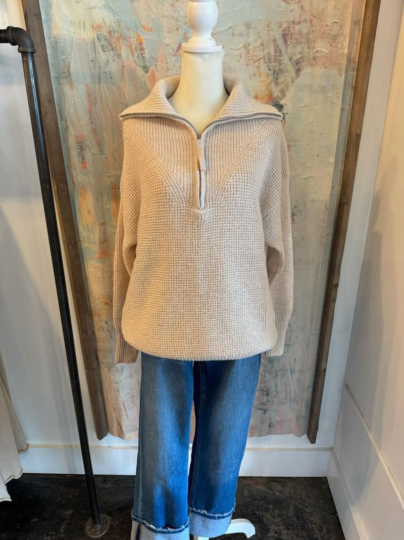 Waffle Pattern Half Zip Up Sweater