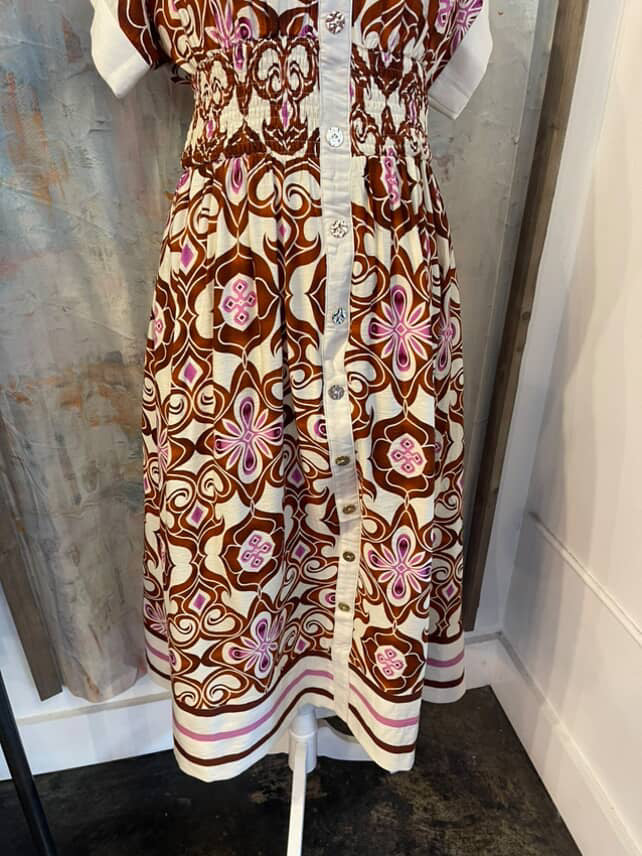 Brown Midi Print Dress with Pockets