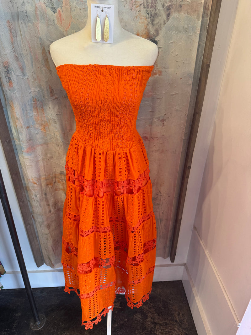 Eyelet Orange Lace Tube Dress