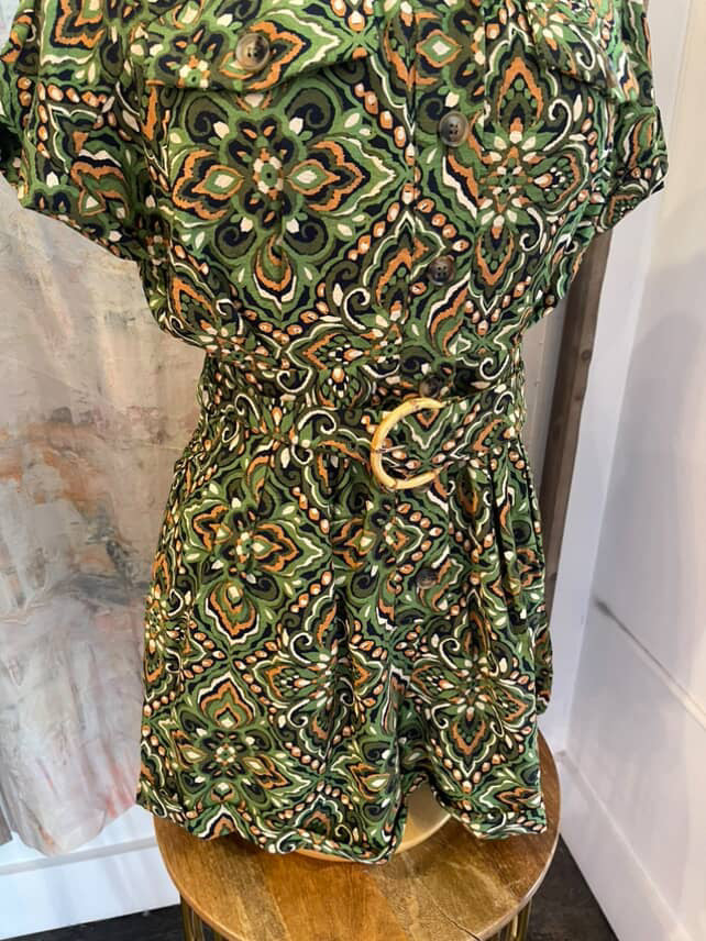 Olive Print Button Down Romper